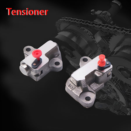 Timing chain kit tensioners: two metal tensioner assemblies with red plungers