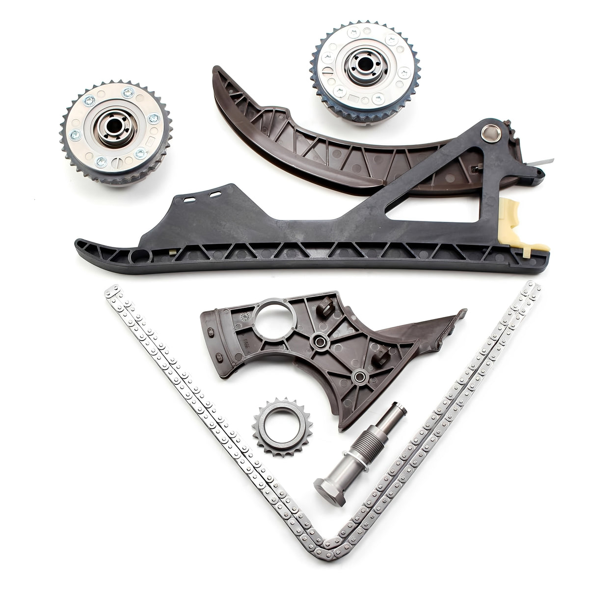 Timing chain kit with two camshaft sprockets, black rails, and chain links
