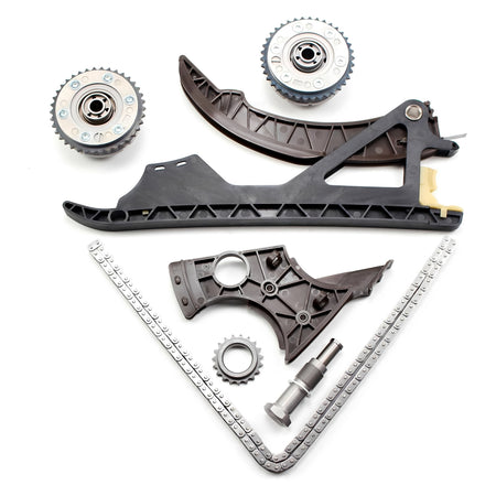 Timing chain kit with two camshaft sprockets, black rails, and chain links