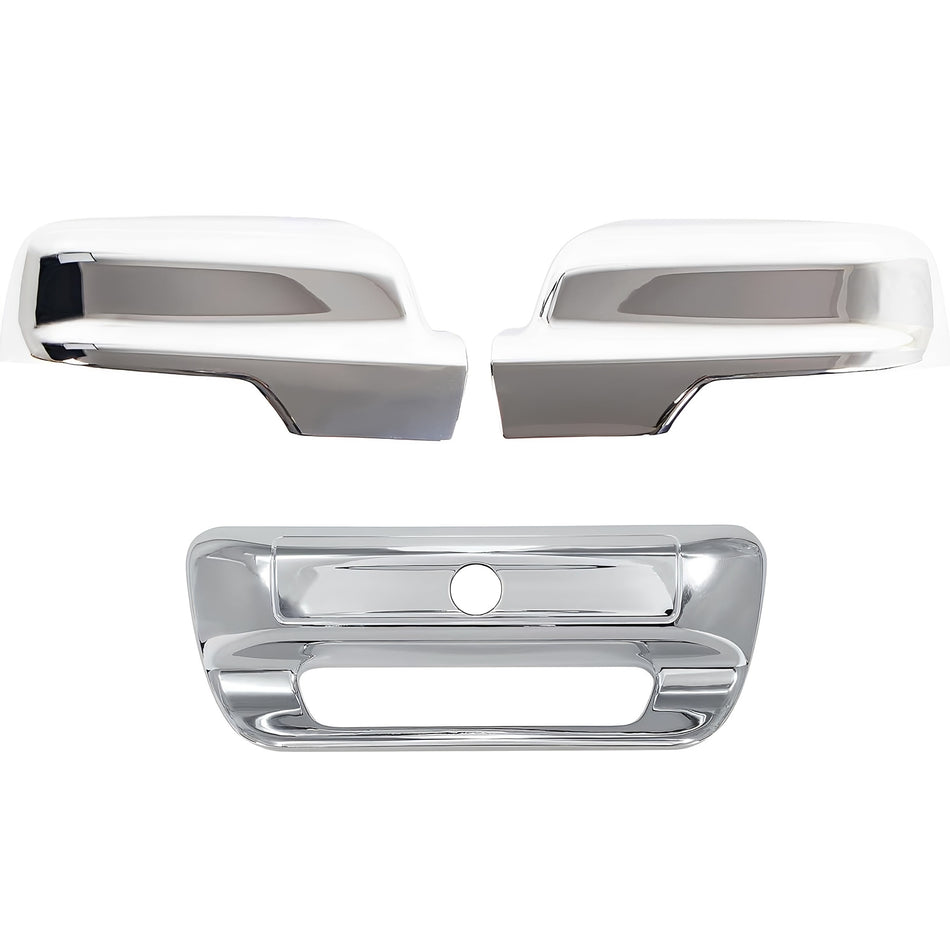 Chrome mirror covers and chrome tailgate handle cover set for pickup trucks