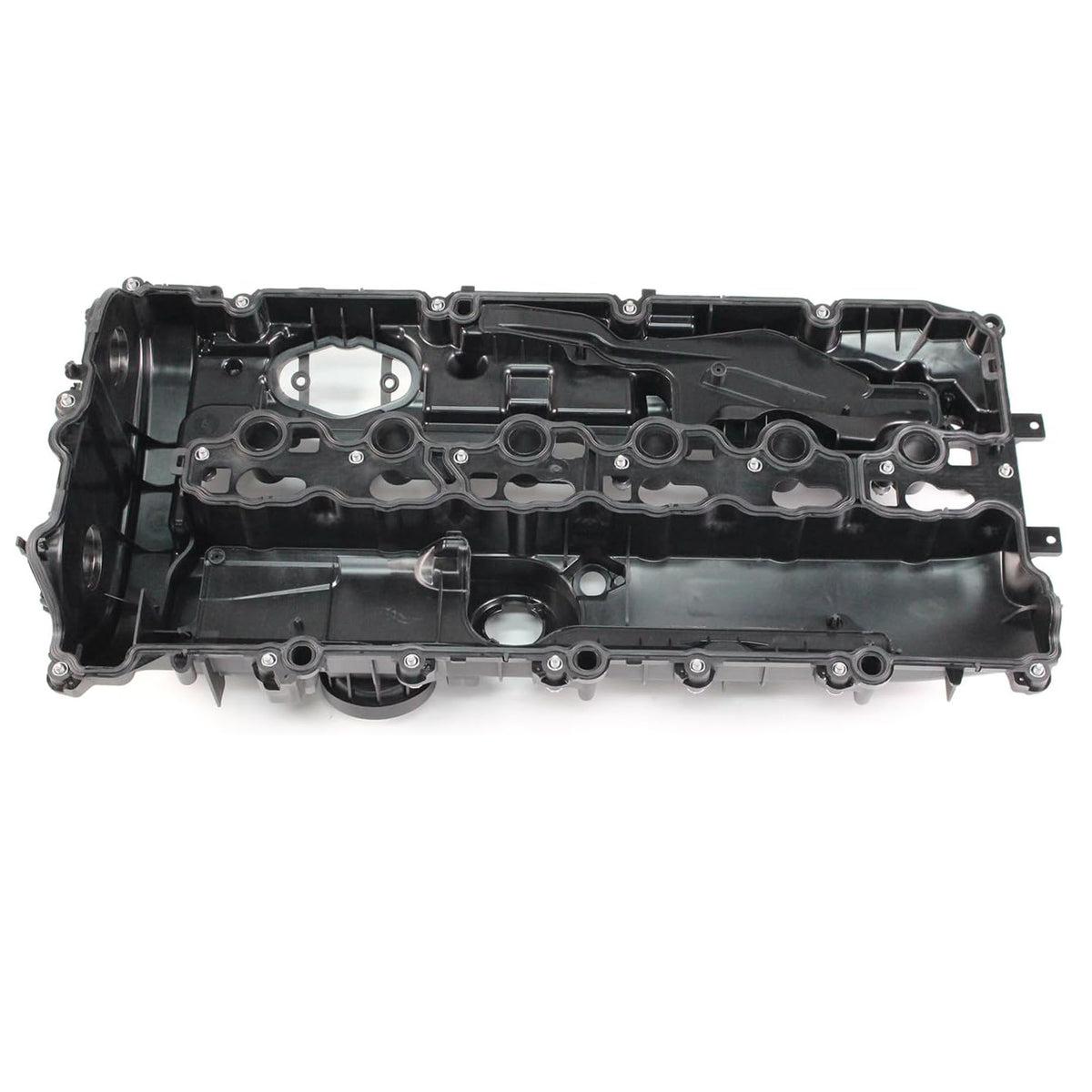 Valve cover with gasket, side view of black engine cover