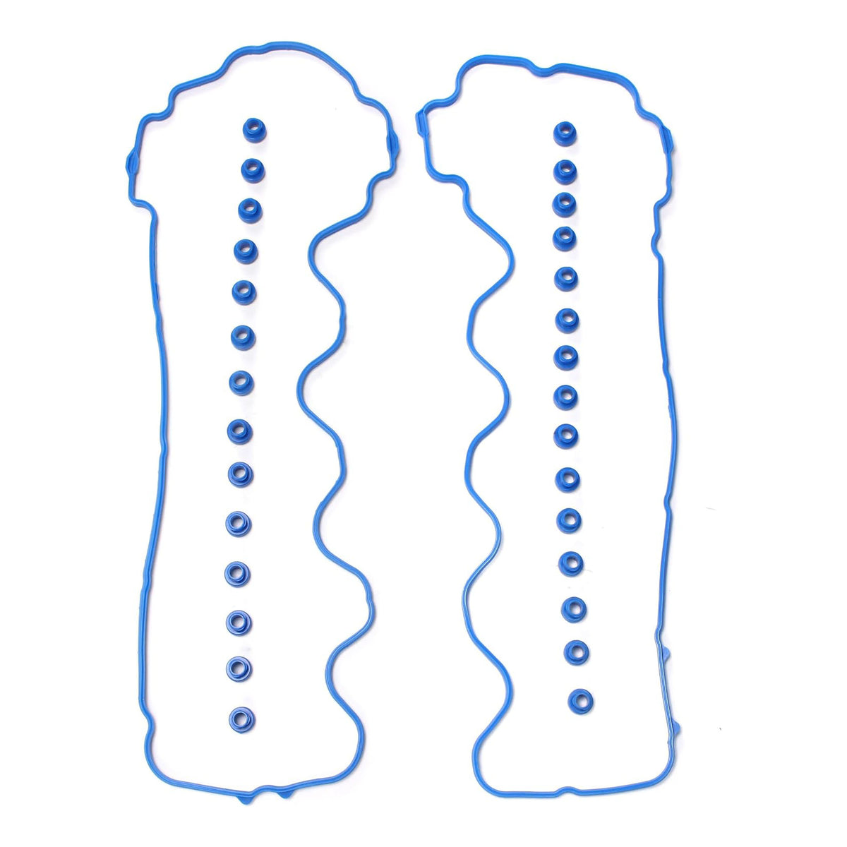 Pair of blue valve cover gaskets with bolt holes