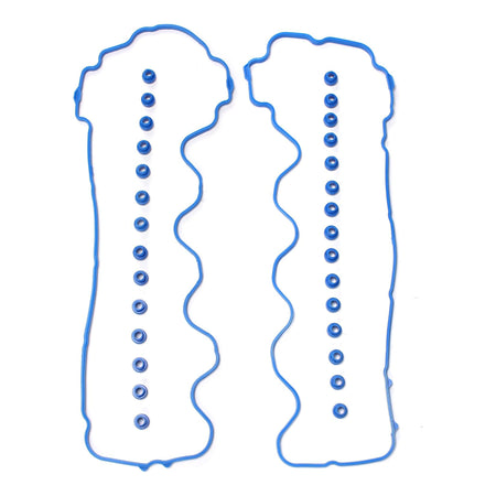 Pair of blue valve cover gaskets with bolt holes