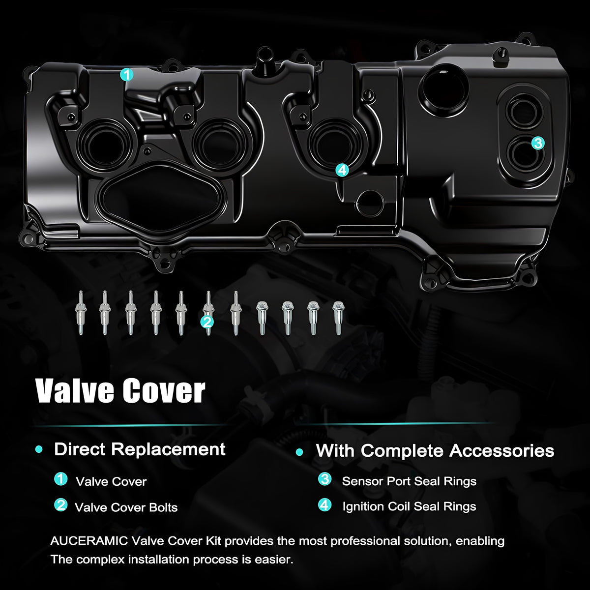Black valve cover with accessory hardware bolts, sensor and ignition coil seals