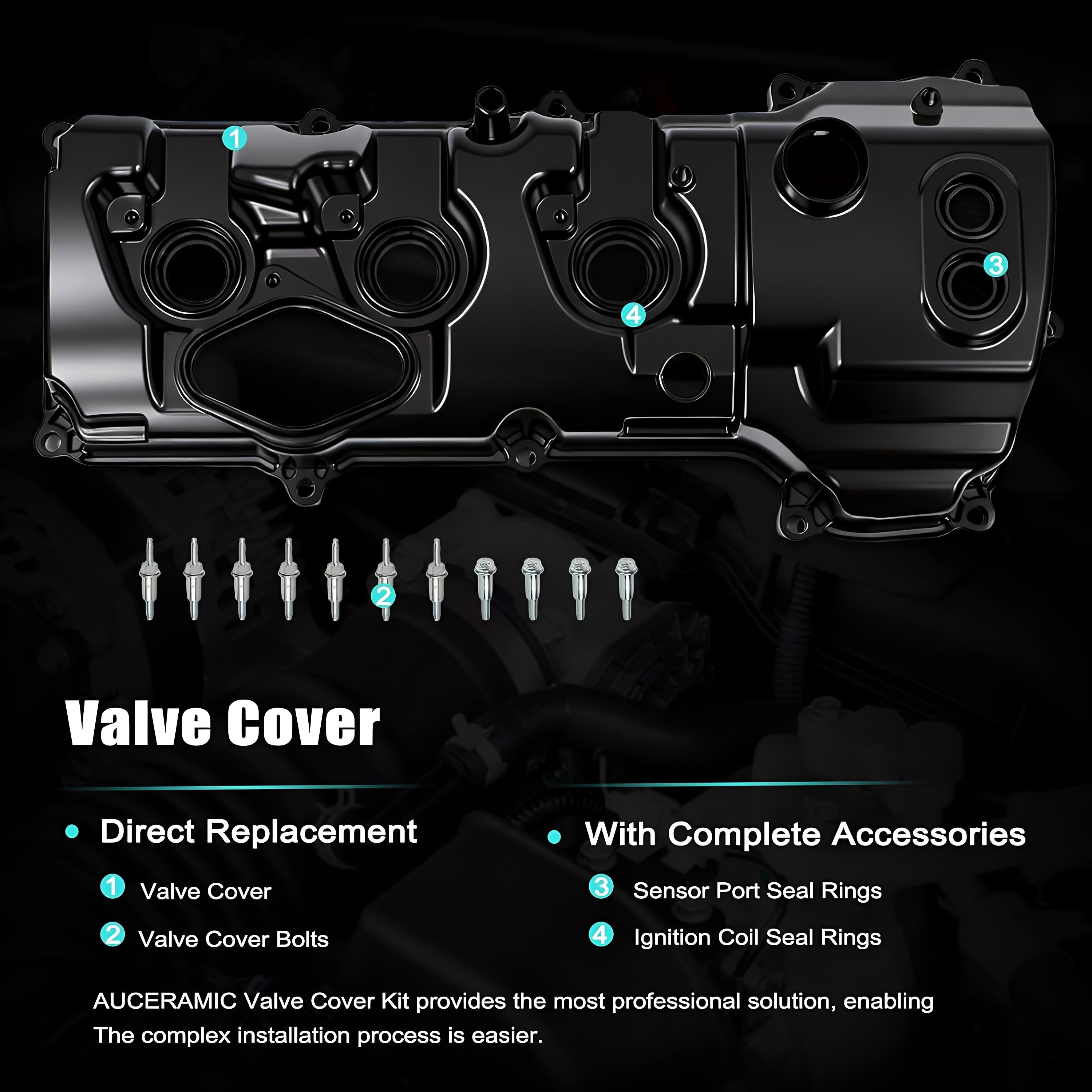 Black valve cover with accessory hardware bolts, sensor and ignition coil seals