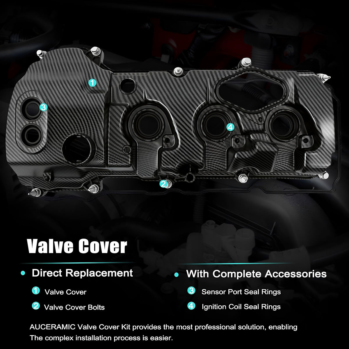 Engine valve cover with carbon-fiber style pattern, ports, and mounting hardware