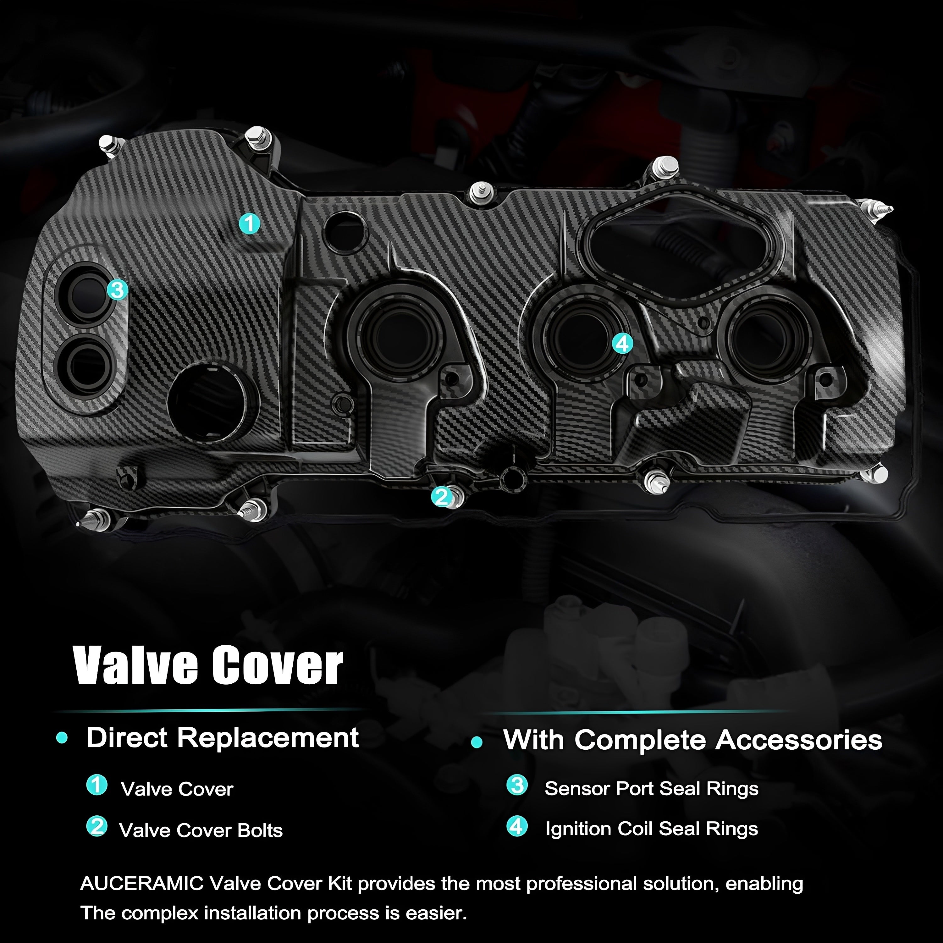Engine valve cover with carbon-fiber style pattern, ports, and mounting hardware