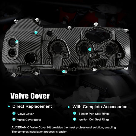 Engine valve cover with carbon-fiber style pattern, ports, and mounting hardware
