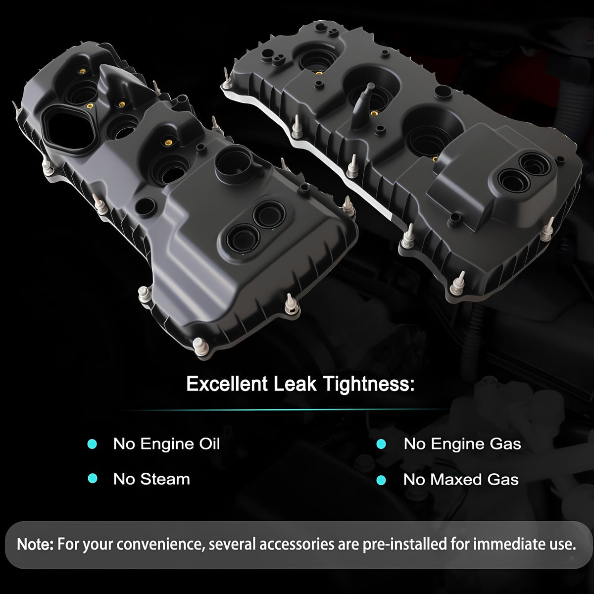 Pair of black valve covers with raised ribs and oil port openings, angled display
