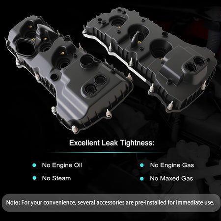 Pair of black valve covers with raised ribs and oil port openings, angled display