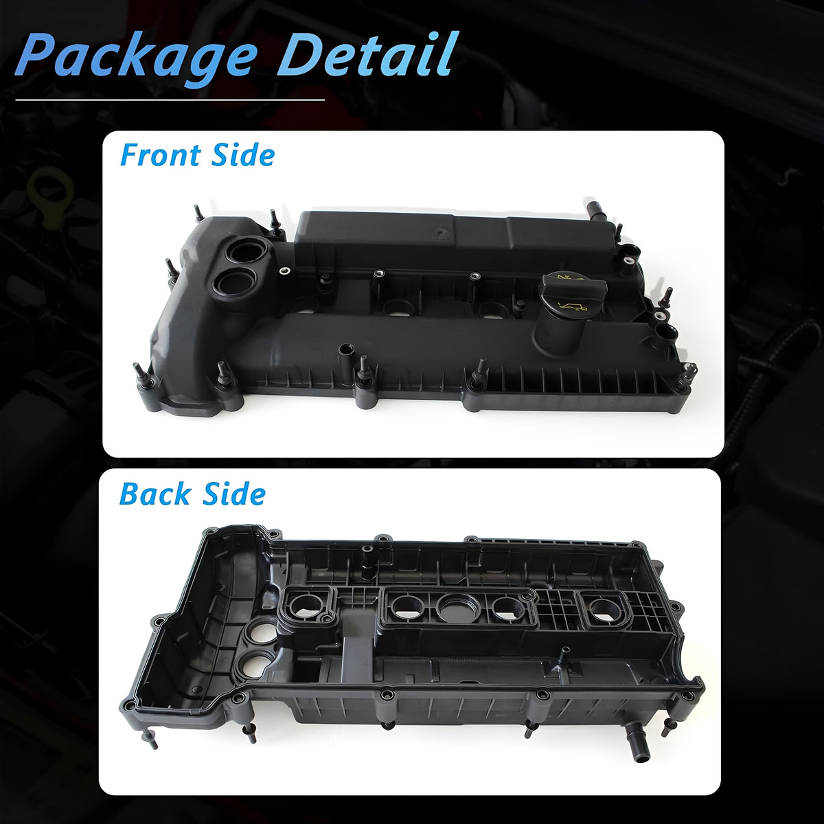 Engine valve cover front and back sides, black plastic with mounting tabs