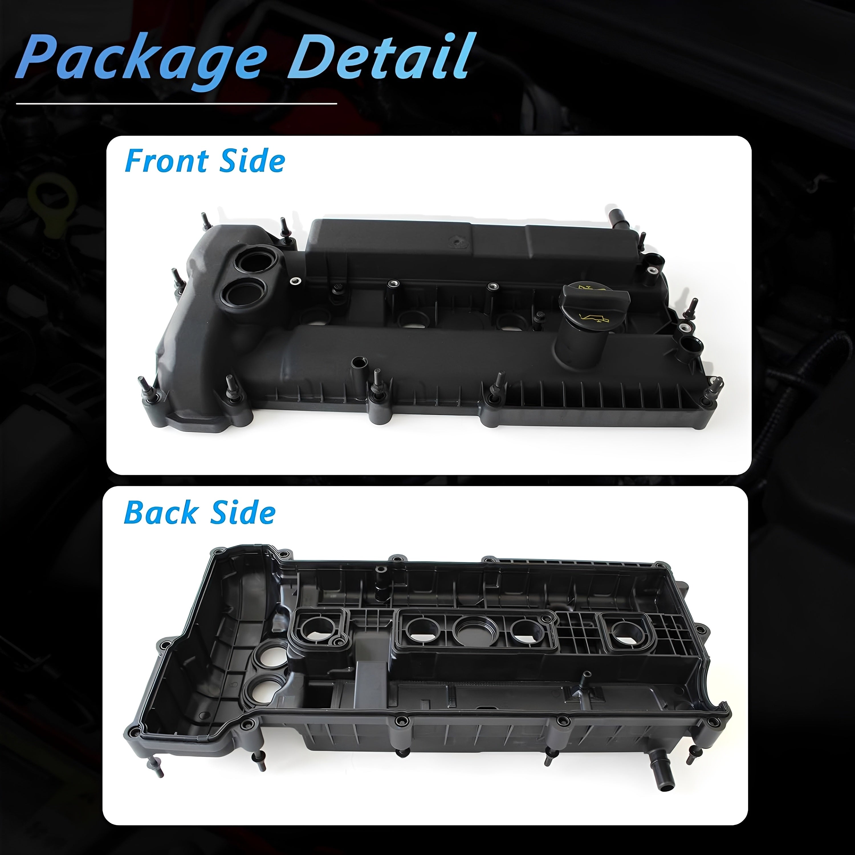Engine valve cover front and back sides, black plastic with mounting tabs