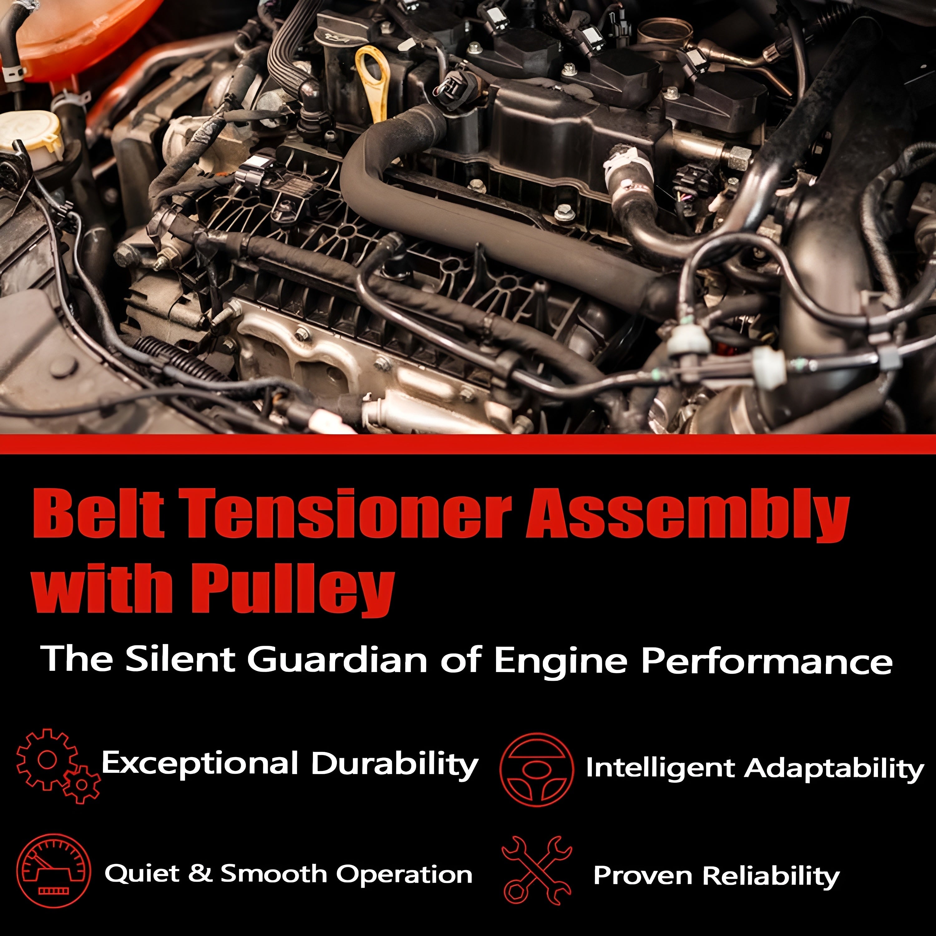 Serpentine belt tensioner assembly with pulley shown in engine compartment.