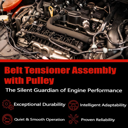 Serpentine belt tensioner assembly with pulley shown in engine compartment.