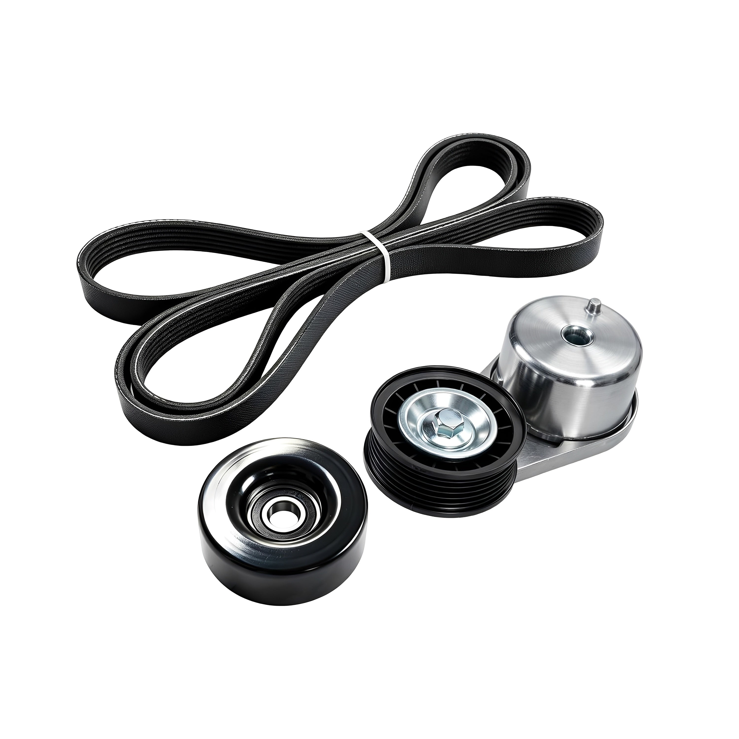 Serpentine belt tensioner kit with black belt, idler pulley, and silver tensioner assembly
