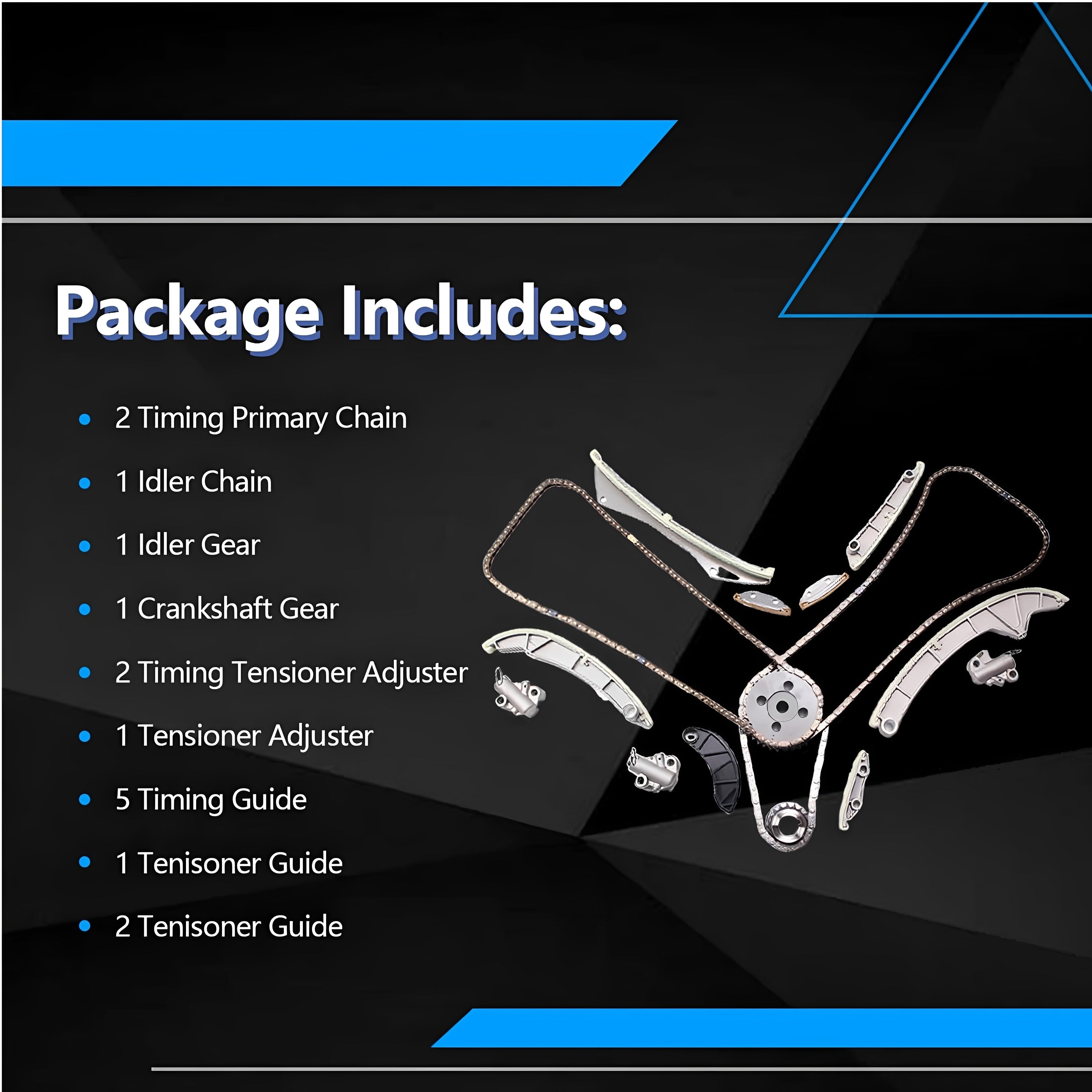 Engine timing chain kit diagram showing primary chain, idler parts, and tensioner guides