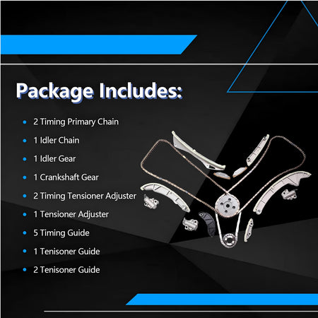 Engine timing chain kit diagram showing primary chain, idler parts, and tensioner guides
