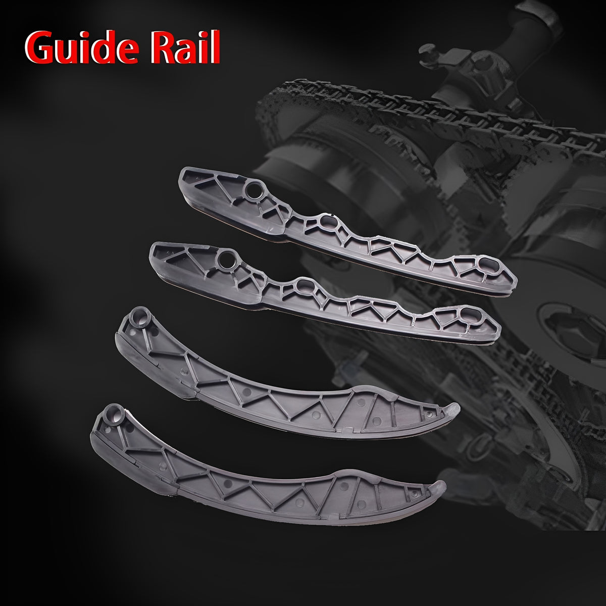 Timing chain kit guide rails: three molded guide pieces with ribbed inner channels