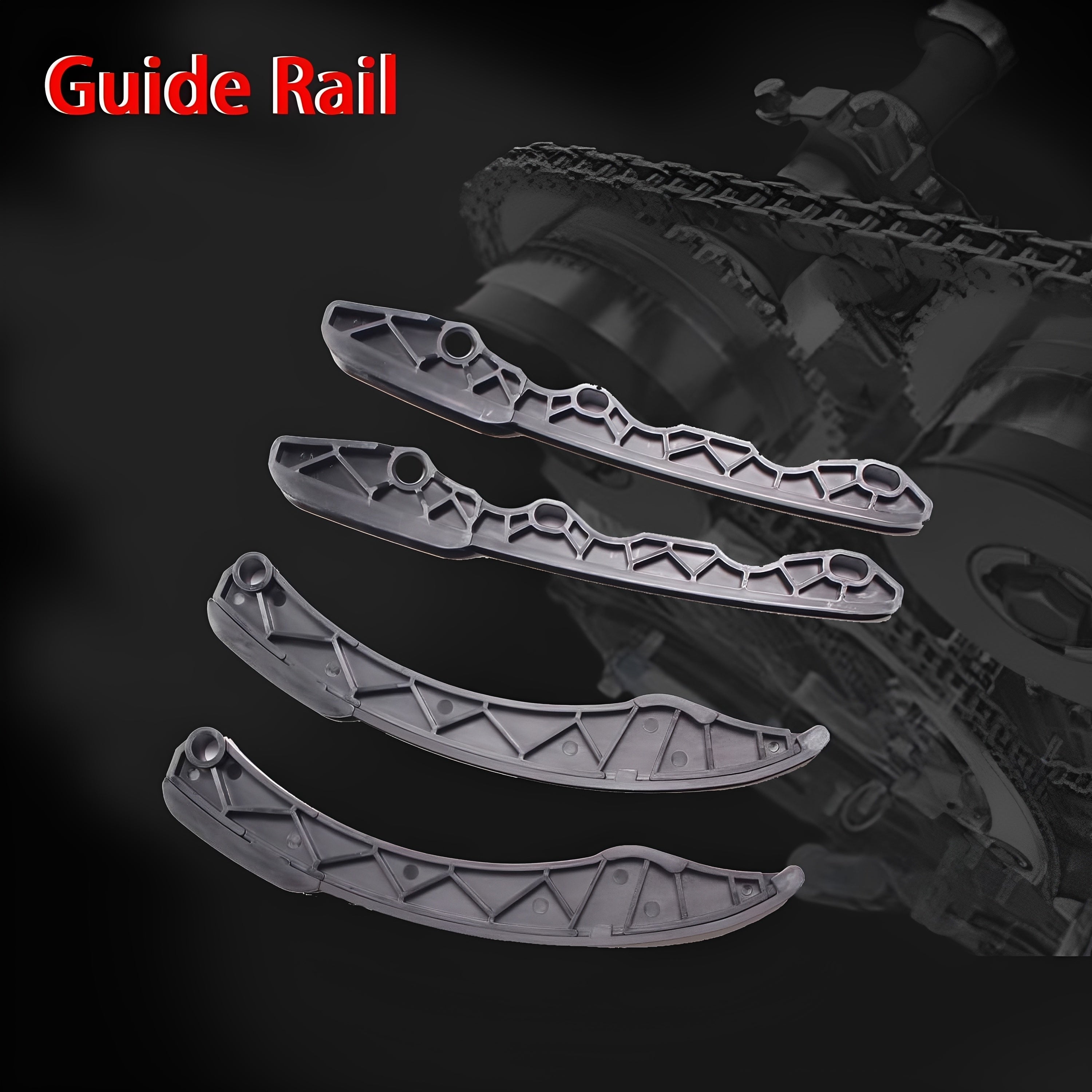 Timing chain kit guide rails: three molded guide pieces with ribbed inner channels