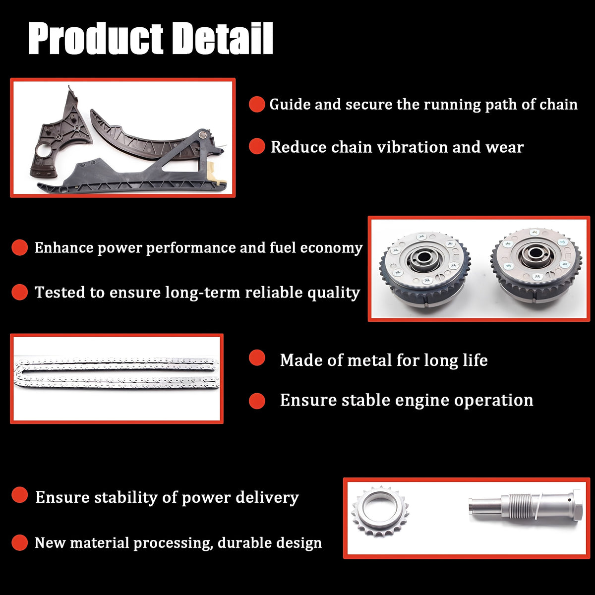 Timing chain kit product detail callouts with rails, sprockets, and tensioner