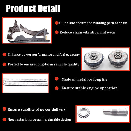 Timing chain kit product detail callouts with rails, sprockets, and tensioner