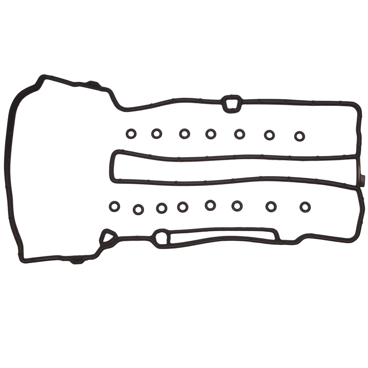 Valve cover gasket seal with multiple bolt holes and two inner channels