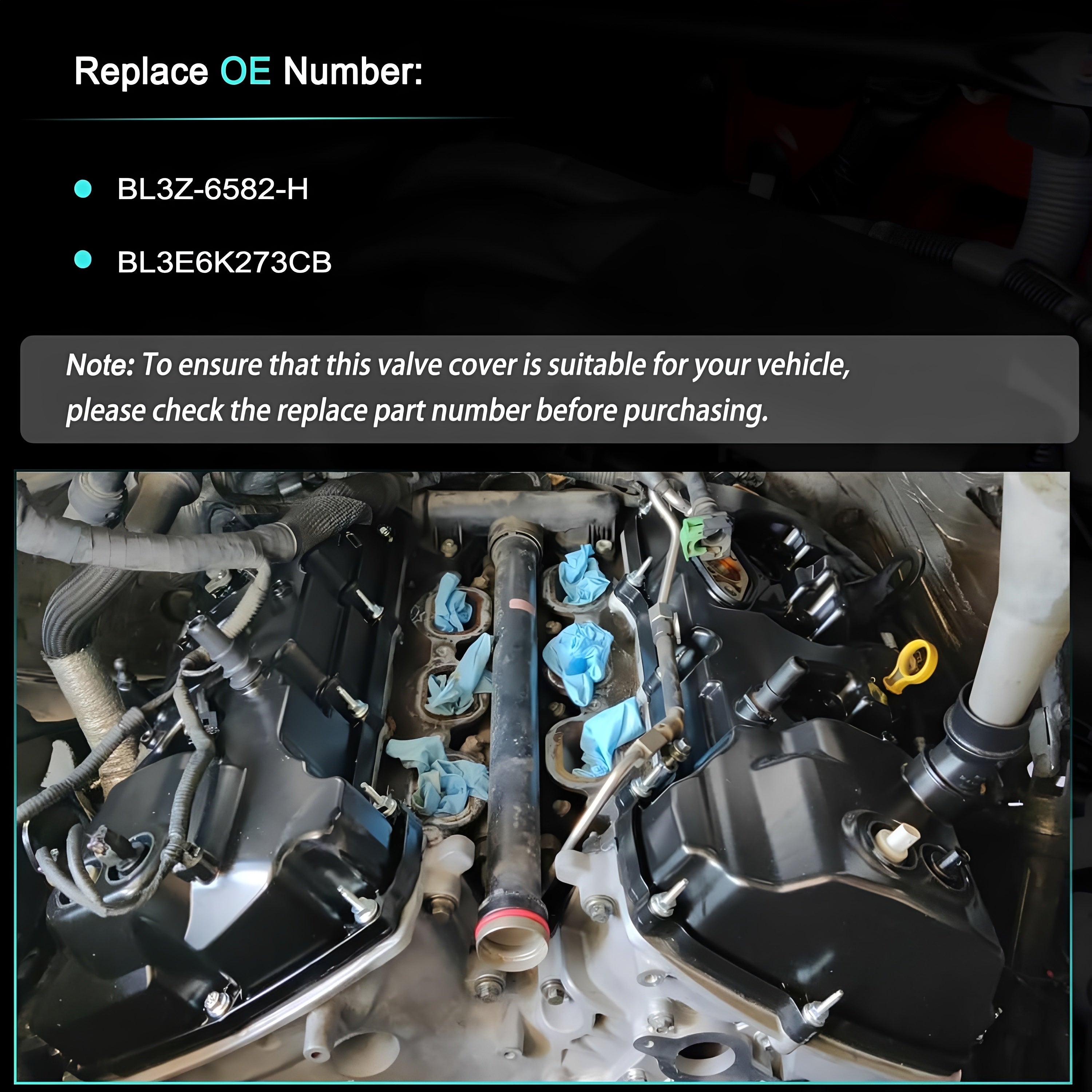 Valve cover kit installation view in engine compartment