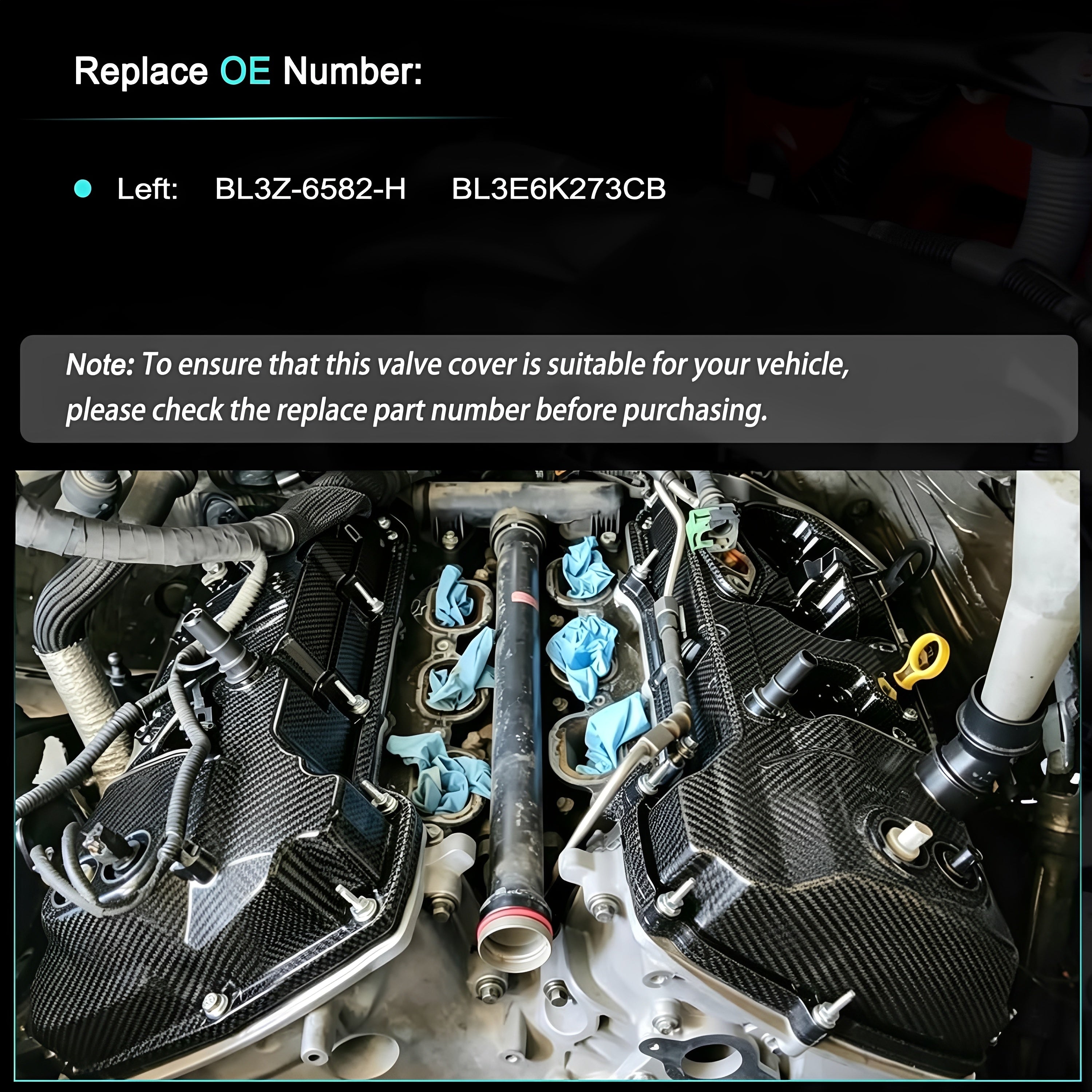 Engine bay with carbon-fiber style left valve cover installed