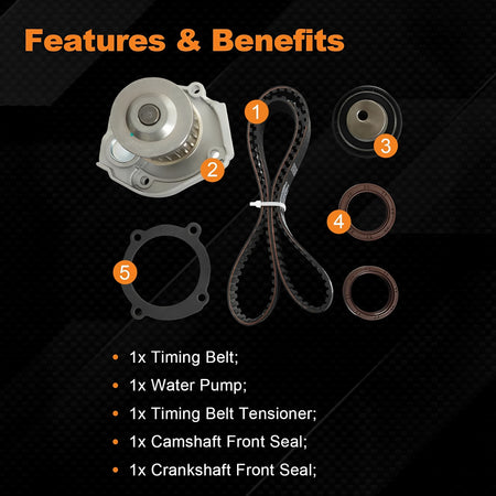 Timing belt kit components: water pump, timing belt, tensioner, seals, gasket