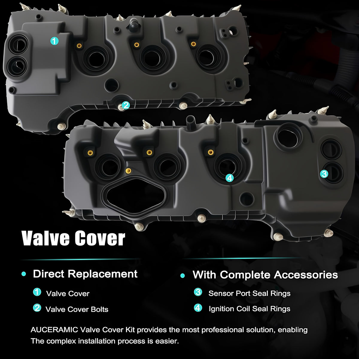 Black valve cover kit with two covers and molded openings, direct replacement style