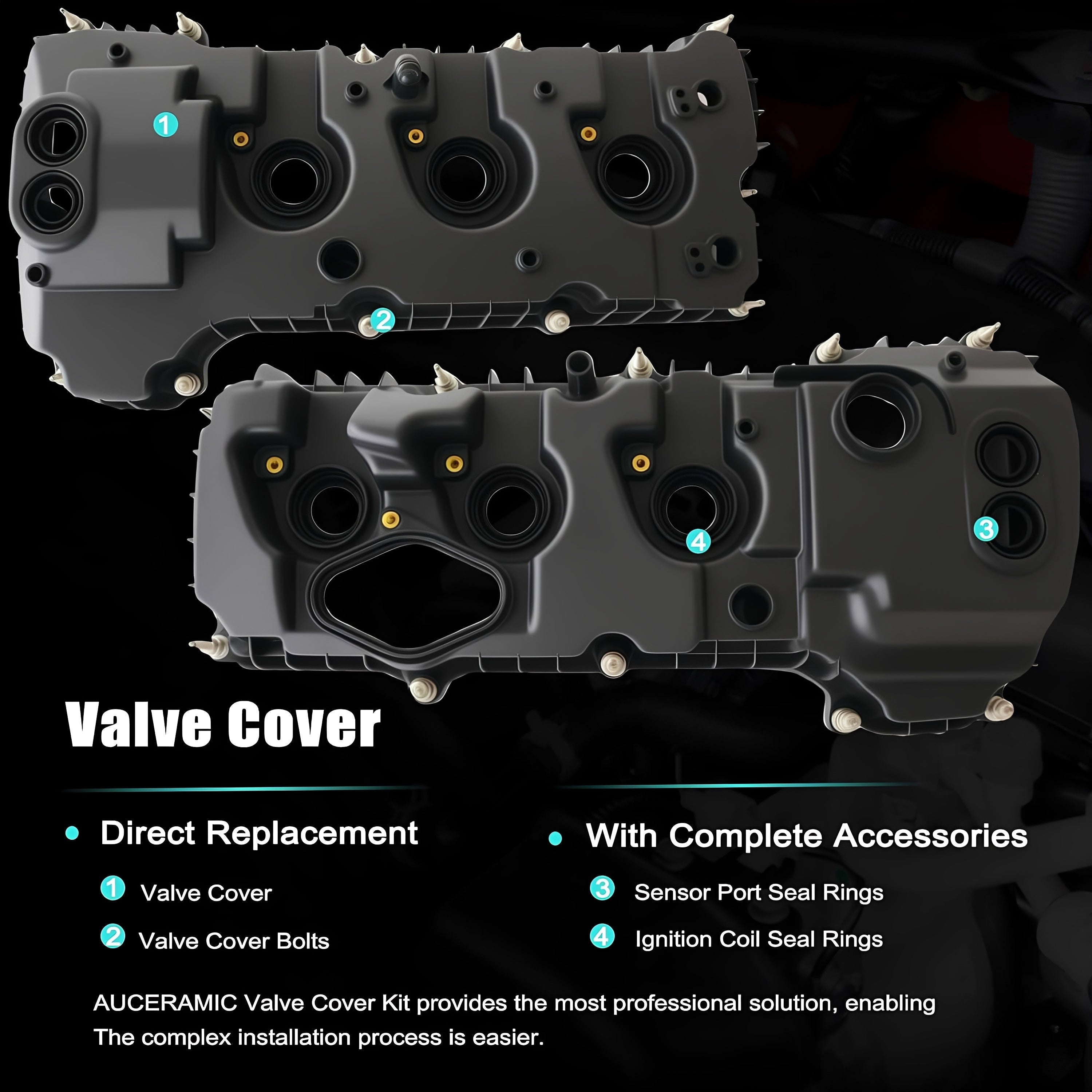 Black valve cover kit with two covers and molded openings, direct replacement style