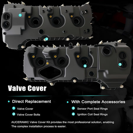 Black valve cover kit with two covers and molded openings, direct replacement style