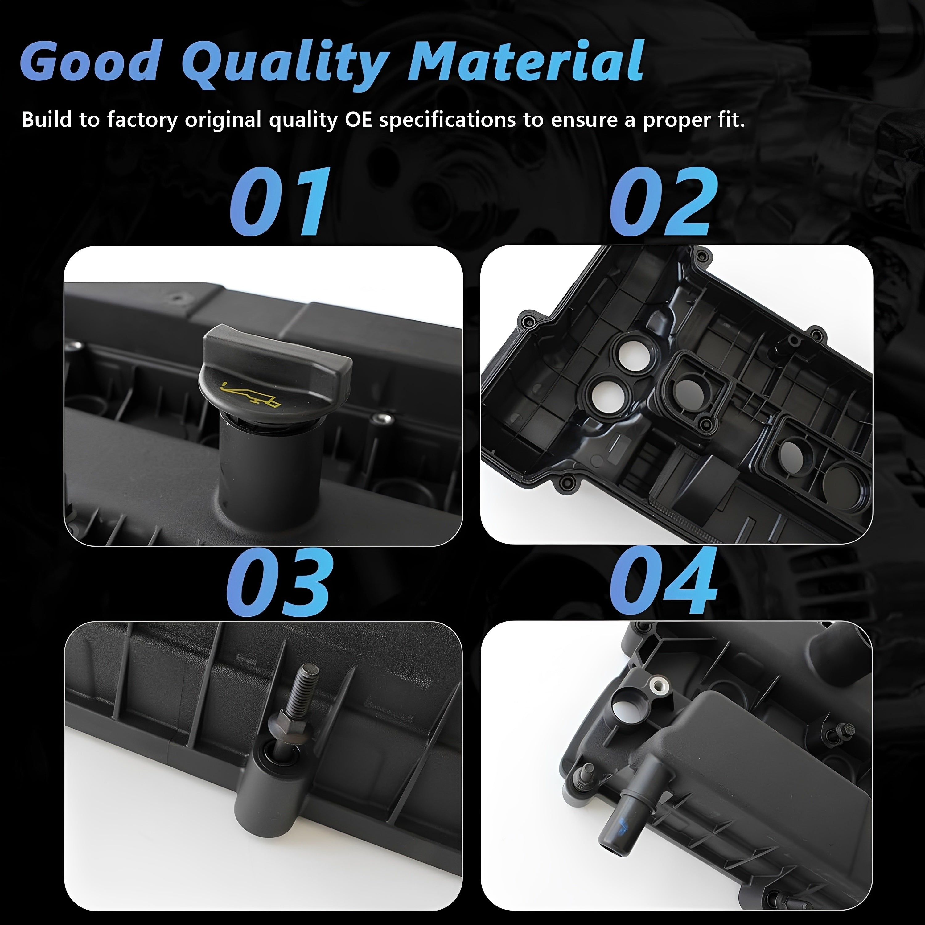Engine valve cover material and fit detail close-up, black plastic housing