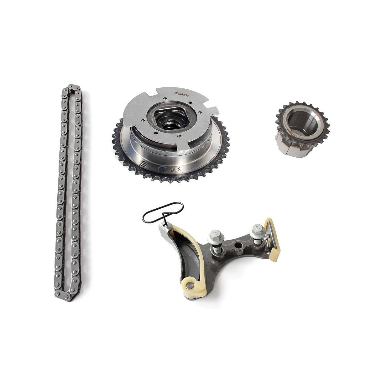 Timing chain kit parts set with two chain segments, sprocket wheel, tensioner