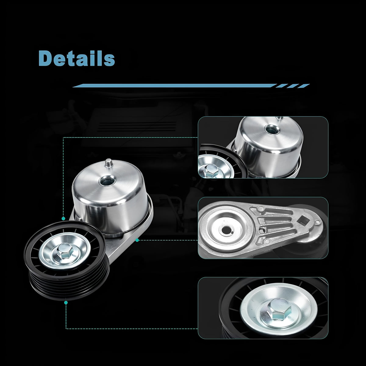 Serpentine belt tensioner kit with detailed views of tensioner and idler pulley