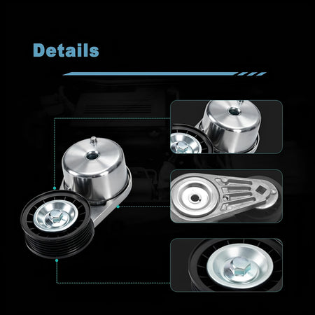 Serpentine belt tensioner kit with detailed views of tensioner and idler pulley