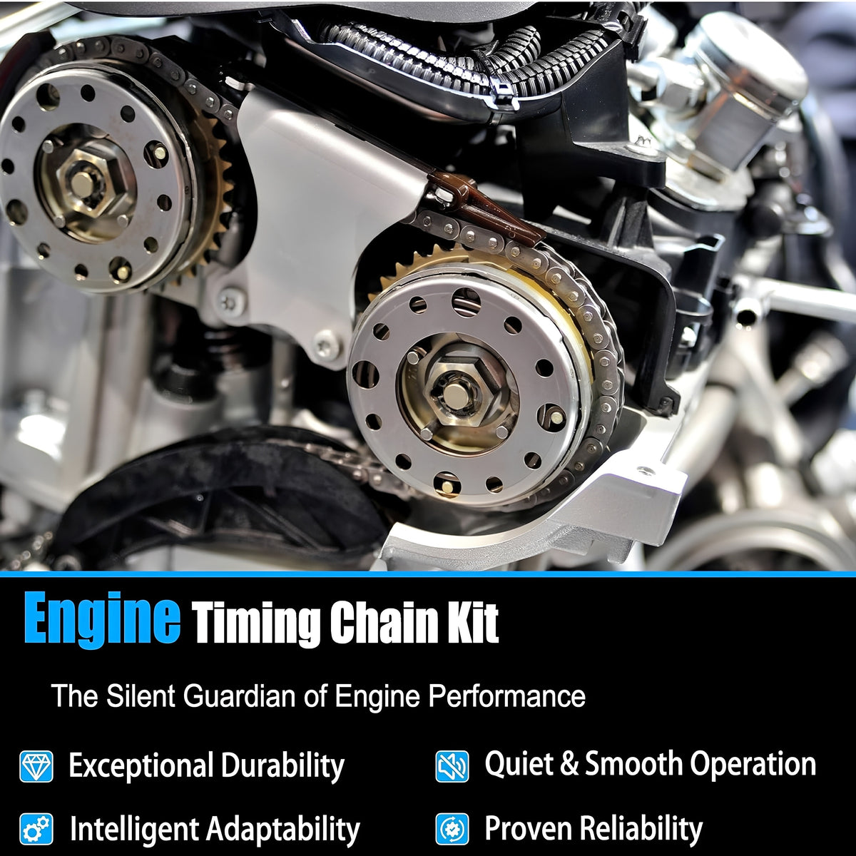 Engine timing chain kit close-up of sprockets, timing chain, and guide rails in engine bay