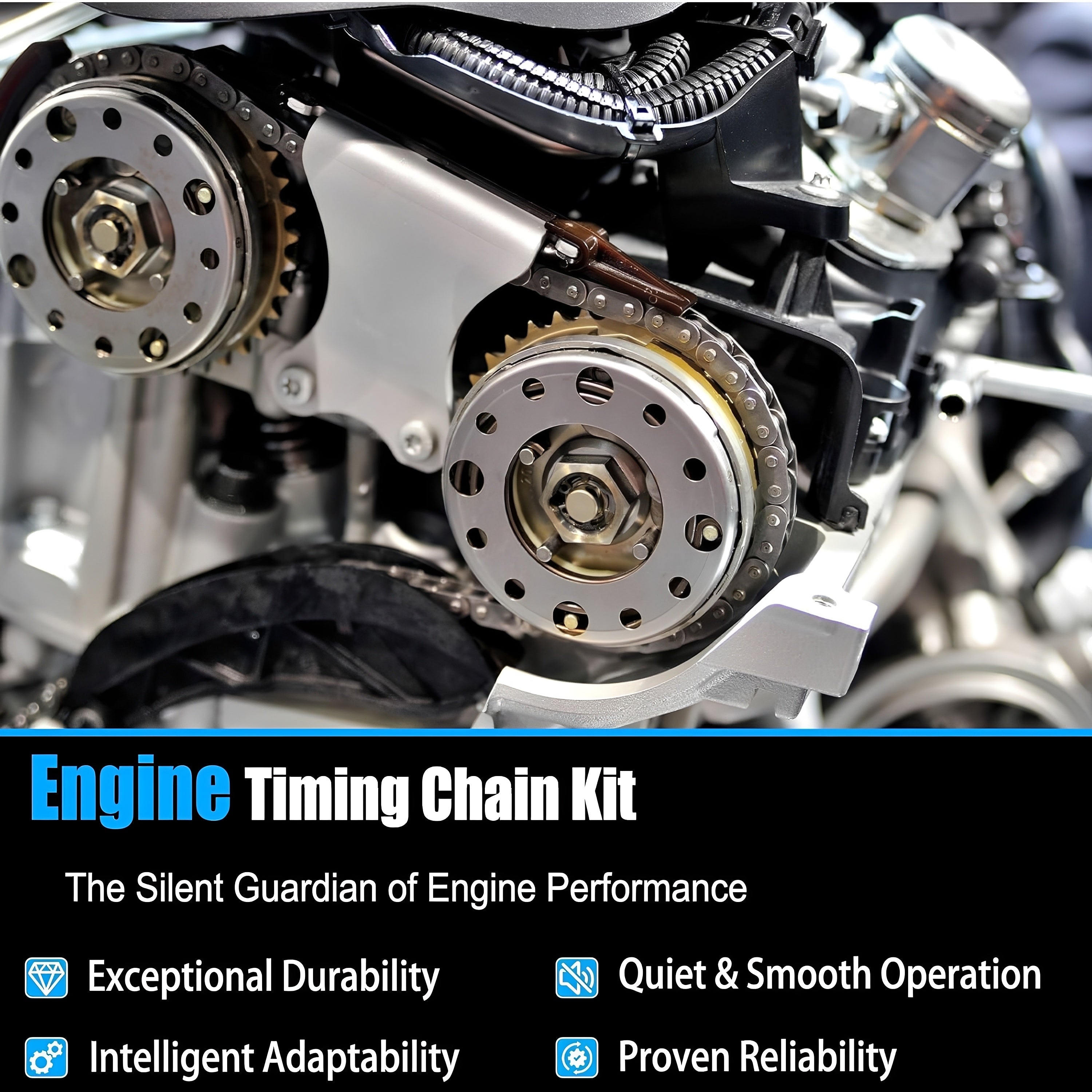 Engine timing chain kit close-up of sprockets, timing chain, and guide rails in engine bay