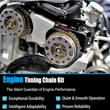 Engine timing chain kit close-up of sprockets, timing chain, and guide rails in engine bay