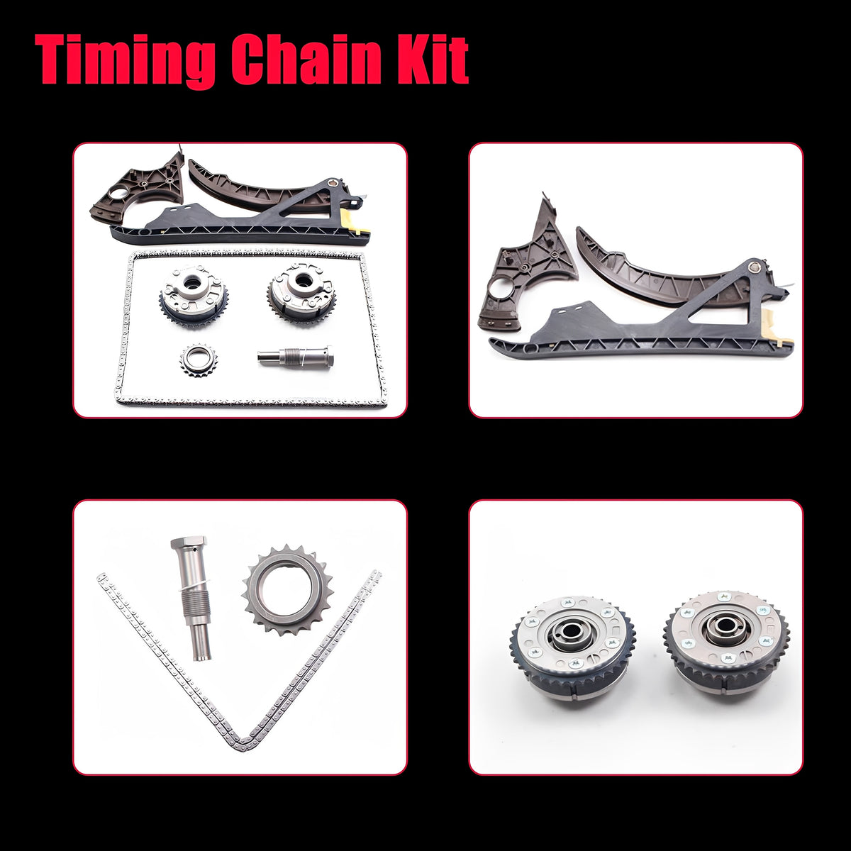 Timing chain kit set shown in four boxes with sprockets, rails, and tensioner