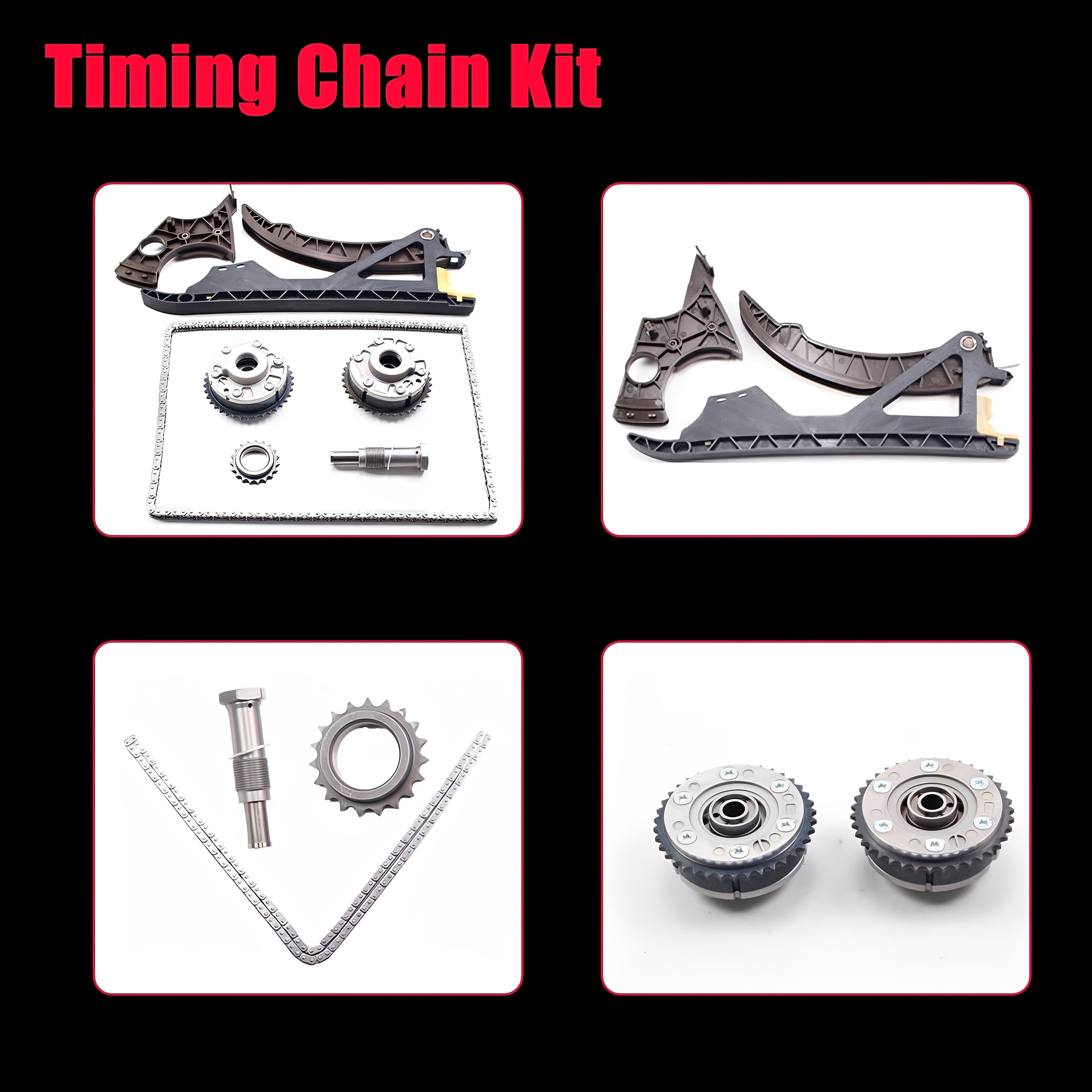 Timing chain kit set shown in four boxes with sprockets, rails, and tensioner