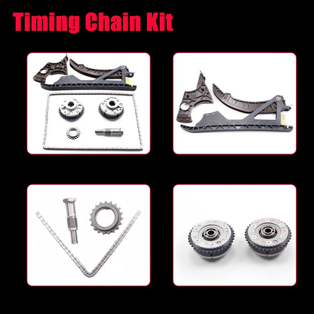 Timing chain kit set shown in four boxes with sprockets, rails, and tensioner