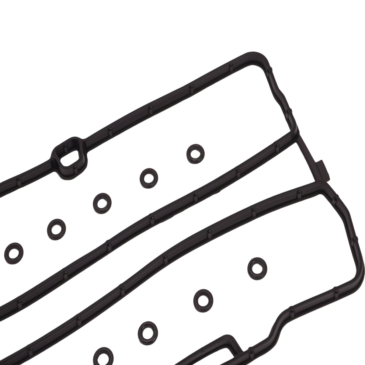 Valve cover gasket with multiple rubber grommets shown in close-up