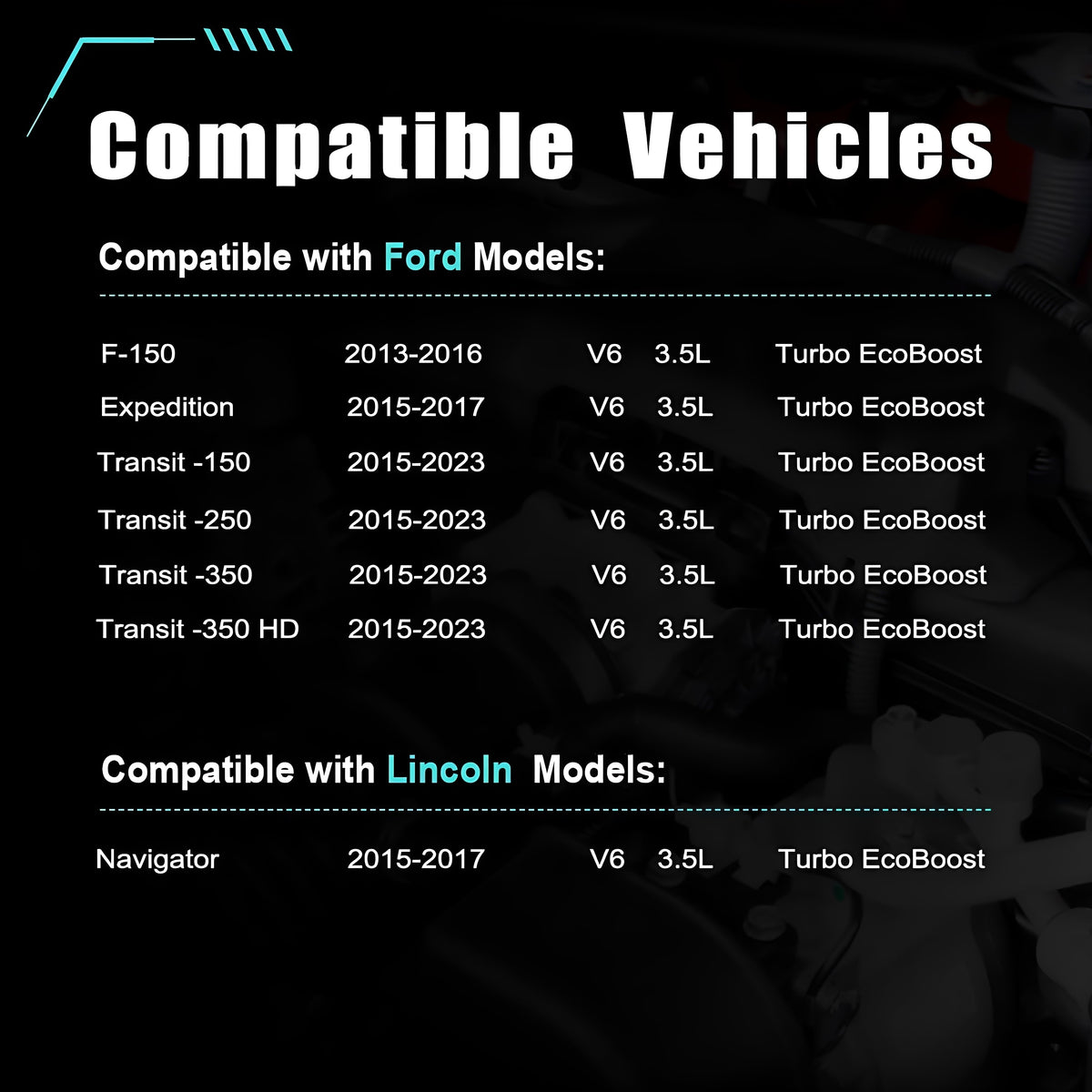 Valve cover kit compatibility panel with engine bay background