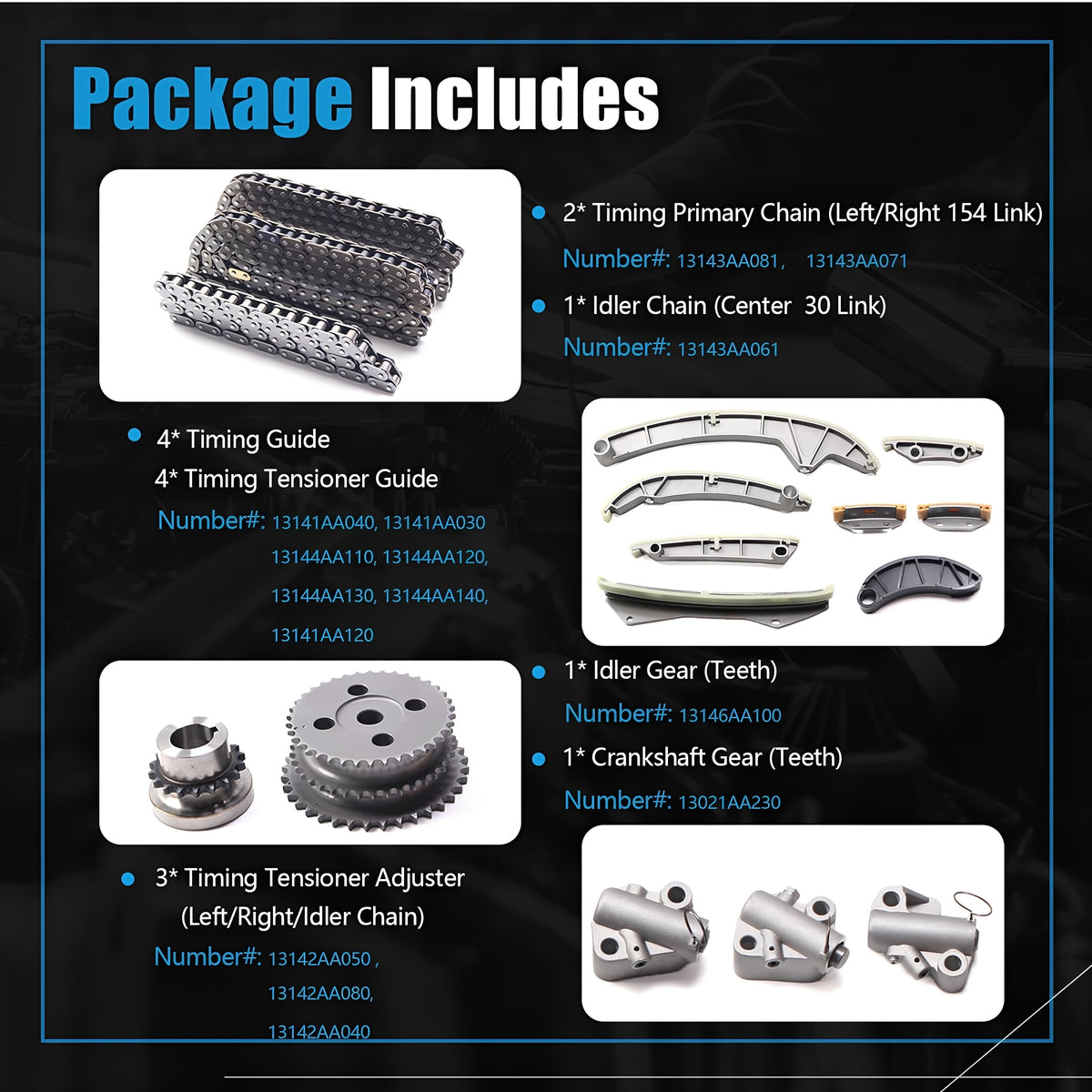 Engine timing chain kit package contents with chain, gears, guide rails, and tensioner adjusters