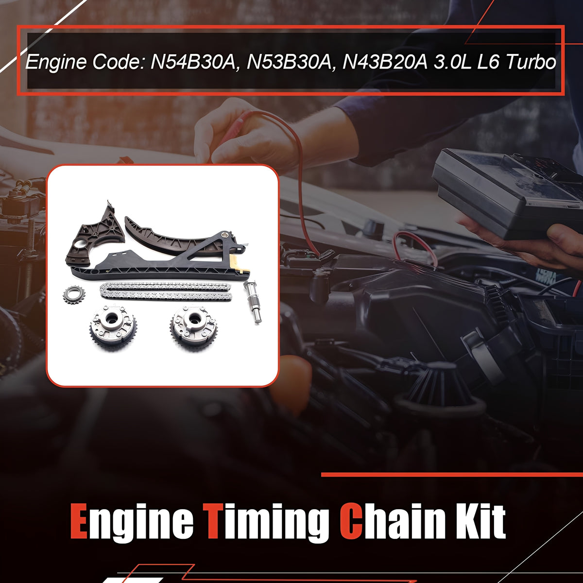 Engine timing chain kit with N54B30A engine code label and included parts