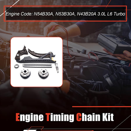 Engine timing chain kit with N54B30A engine code label and included parts