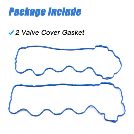 Two blue valve cover gaskets with wavy sealing edges and bolt holes