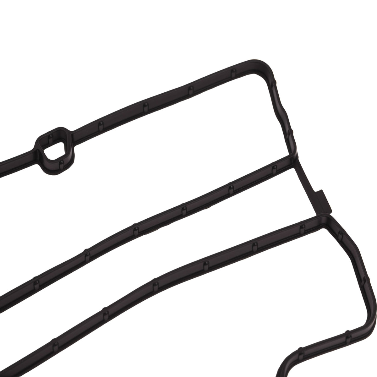 Valve cover gasket seal with molded mounting tabs and channel ridges