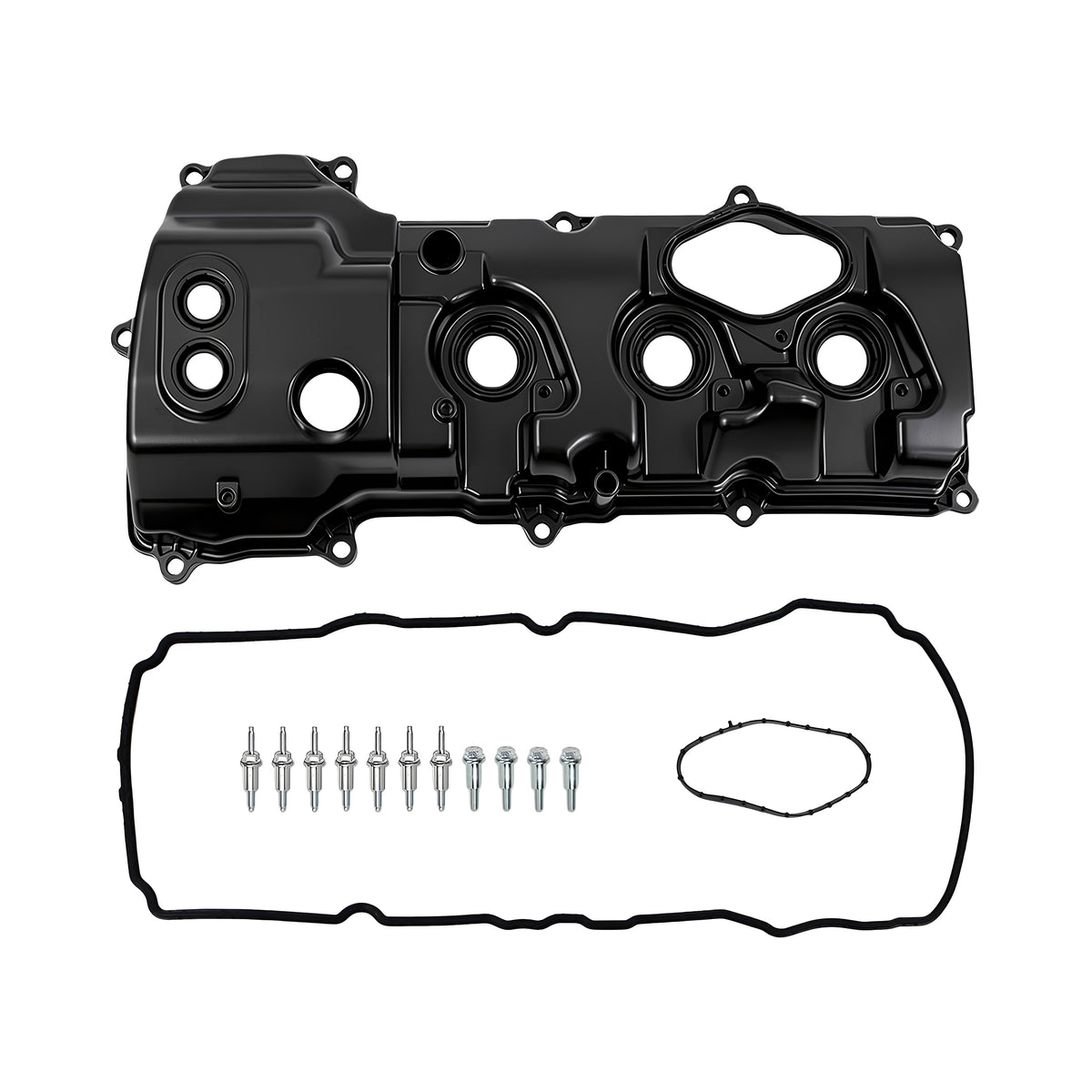 Left valve cover kit, black housing with gasket and hardware bolts